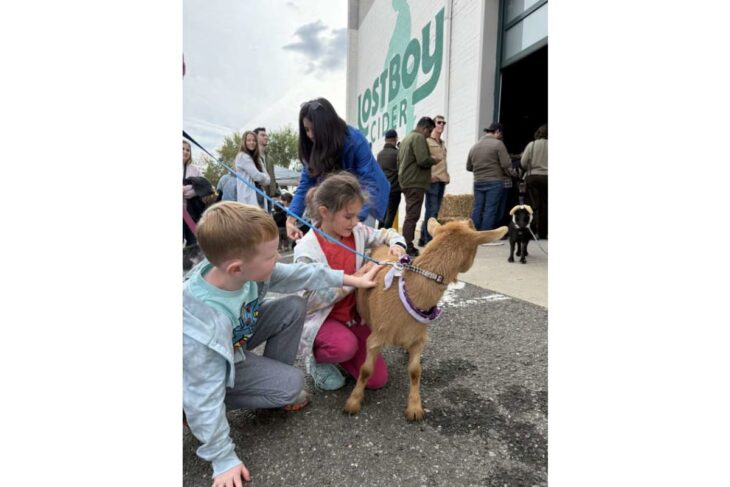 Children pet a small brown goat on a leash at an outdoor event beside a building with a LostBoy Cider sign. 2. Young girl and boy pat a leashed goat as dozens of people gather at a festival outside a warehouse. 3. Goat on a purple collar leash being petted by kids at an outdoor community event. 4. Outdoor event scene with kids interacting with a leashed goat near a muraled building. 5. Family-friendly scene: kids touch a goat while attendees mingle near a cider company building.