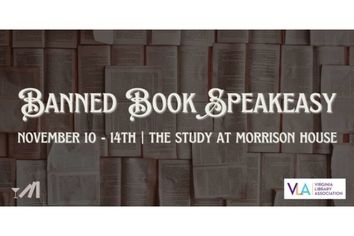 Promotional banner for Banned Book Speak Easy, November 10–14 at The Study at Morrison House, with Virginia Library Association logo.