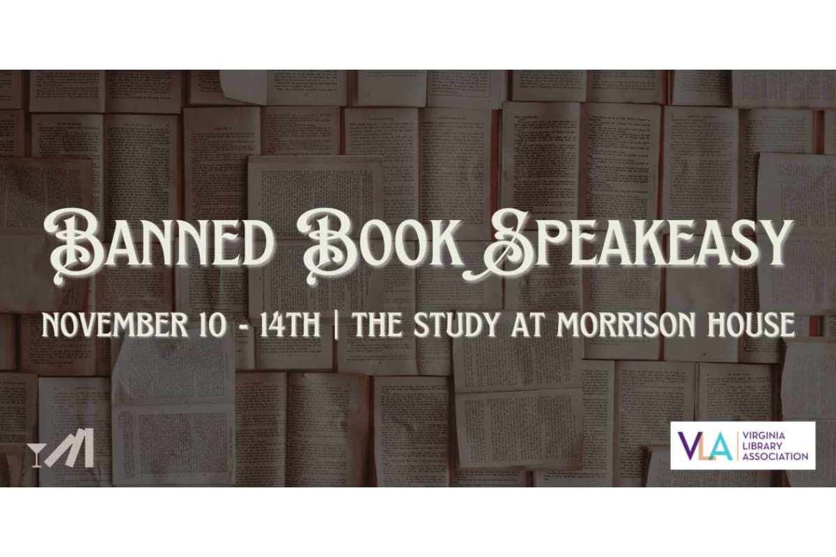 Promotional banner for Banned Book Speak Easy, November 10–14 at The Study at Morrison House, with Virginia Library Association logo.