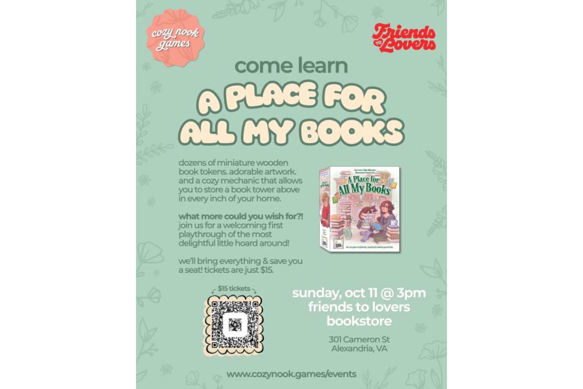 Poster for a bookstore event: 'A Place for All My Books' with Cozy Nook Games and Friends to Lovers logos on a mint/green background, promoting a kids' book event.
