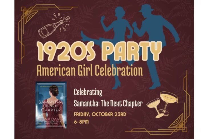 Event poster for a 1920s party, with blue dancer silhouettes, champagne bottle and glasses, and a book cover reading ‘Samantha: The Next Chapter’; includes date/time.