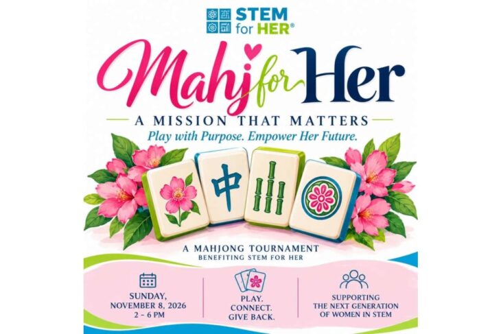 Event poster for Mahj for Her: a Mahjong tournament benefiting STEM for Her, with pink flowers and Mahjong tiles at the center.