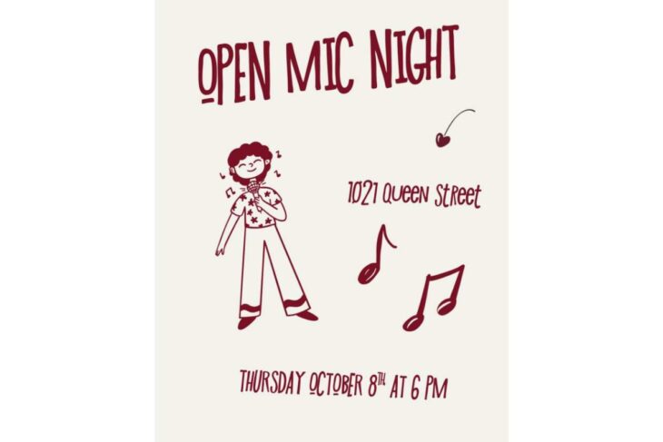 Open Mic Night flyer: a cartoon singer with musical notes, listing 10271 Queen Street, Thursday October 8 at 6 PM.