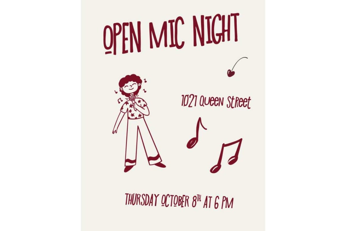 Open Mic Night flyer: a cartoon singer with musical notes, listing 10271 Queen Street, Thursday October 8 at 6 PM.