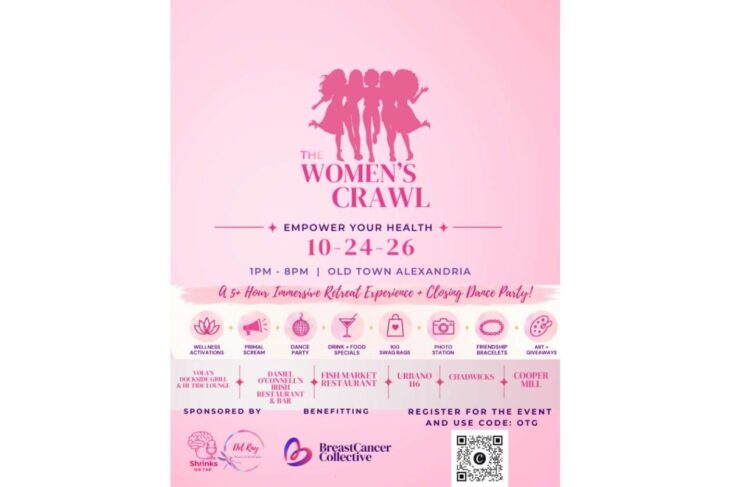 Pink poster for 'The Women’s Crawl' with silhouettes of women; Empower Your Health, October 24–26, 1 PM–8 PM, Old Town Alexandria, a 5+ hour immersive retreat and closing dance party.