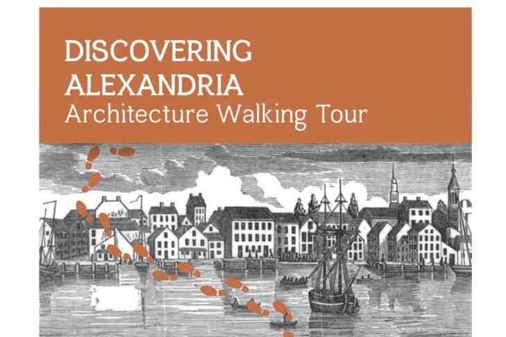 Promotional flyer for 'Discovering Alexandria Architecture Walking Tour' with an orange header and a harbor town illustration in black and white below.