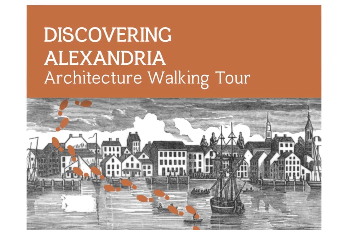 Promotional flyer for 'Discovering Alexandria Architecture Walking Tour' with an orange header and a harbor town illustration in black and white below.