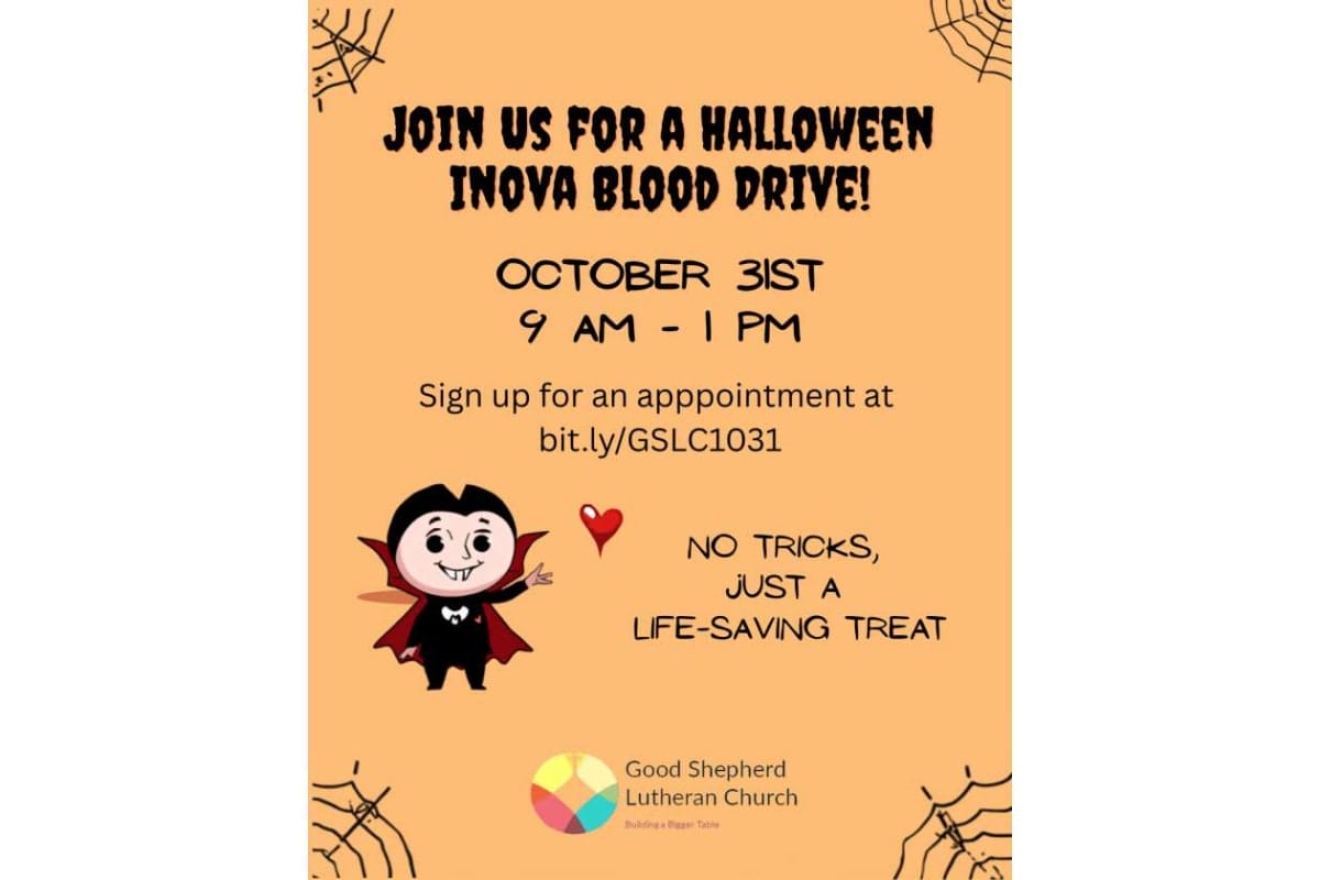 Halloween blood drive flyer: Join us Oct 31, 9 AM–1 PM; sign up at bit.ly/GSLC1031; no tricks, just a life-saving treat at Good Shepherd Lutheran Church