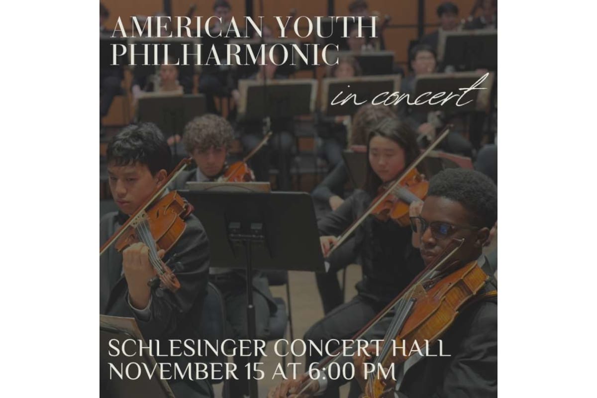 Poster for American Youth Philharmonic in concert at Schlesinger Concert Hall, November 15 at 6:00 PM, featuring young violinists performing in an orchestra.