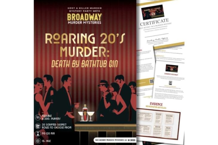 Poster advertising a Broadway Murder Mystery titled 'Roaring 20's Murder: Death by Bathtub Gin' with silhouetted party guests at a bar.