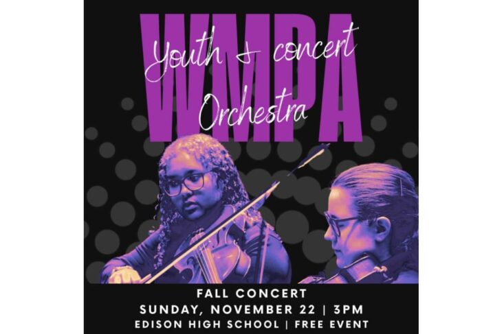 Poster announcing Wanda Youth Orchestra fall concert; two violinists perform, event details Sunday Nov 22, 3pm, Edison High School, free.