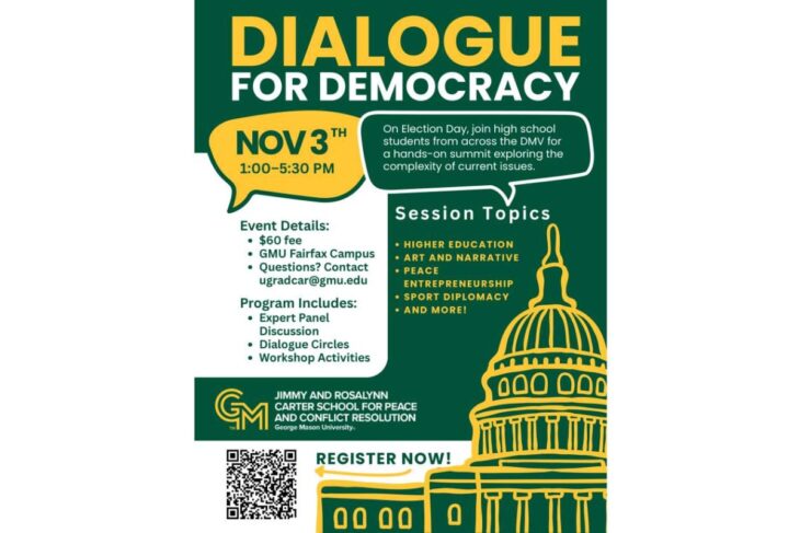 Poster advertising Dialogue for Democracy event with Nov 3 schedule and Capitol dome illustration, plus registration info and topics.