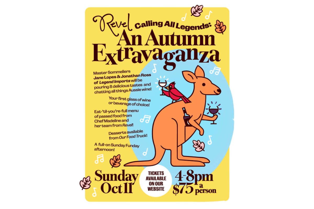 Poster for 'An Autumn Extravaganza' with a cartoon kangaroo holding a drink on a yellow background; shows date and price details.