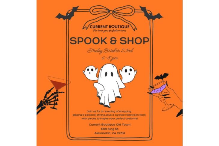 Orange poster for 'Spook & Shop' event featuring a ghost illustration and skeleton/cocktail motifs in a frame. (informative)