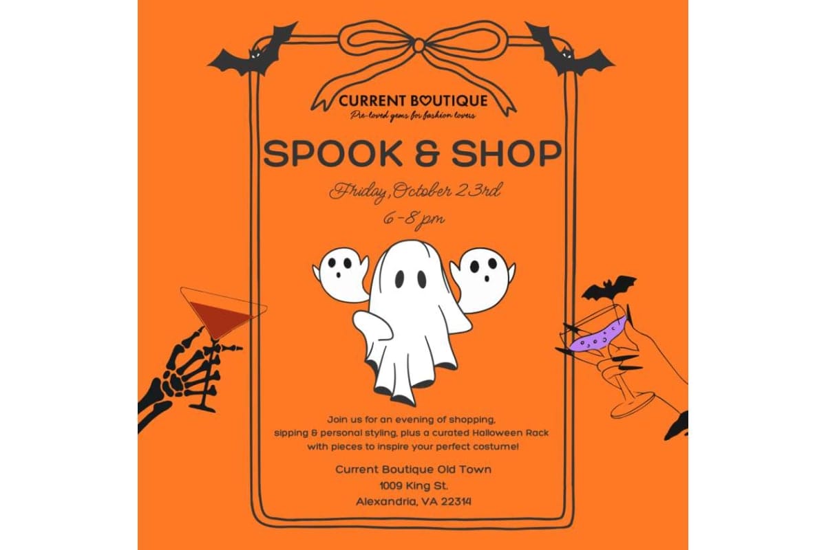 Orange poster for 'Spook & Shop' event featuring a ghost illustration and skeleton/cocktail motifs in a frame. (informative)
