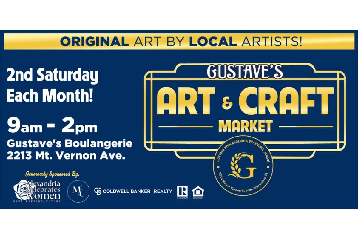 Blue event poster for Gustavé's Art & Craft Market, '2nd Saturday Each Month' 9am–2pm at Gustave's Boulangerie, 2213 Mt. Vernon Ave.