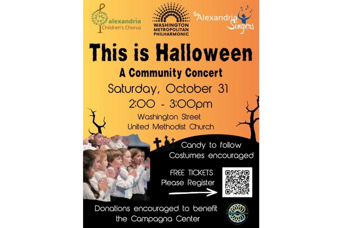 Poster for 'This is Halloween' community concert on Saturday Oct 31, 2:00–3:00pm at Washington Street United Methodist Church; candy, costumes encouraged, free tickets with QR code; donations to benefit the Campagna Center.