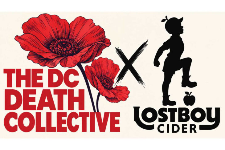 Poster announcing a collaboration: 'The DC Death Collective' in red with large poppies and a silhouetted child with an apple, plus 'Lostboy Cider' logo.