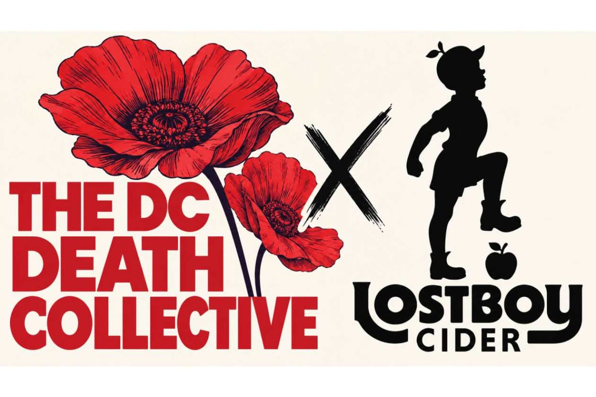 Poster announcing a collaboration: 'The DC Death Collective' in red with large poppies and a silhouetted child with an apple, plus 'Lostboy Cider' logo.