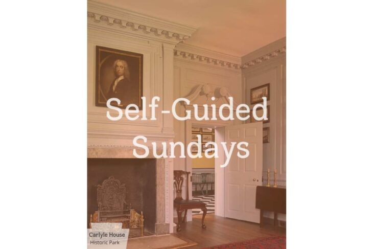 Historic parlor with a fireplace and portrait; doorway open to another room, overlaid with 'Self-Guided Sundays' text.