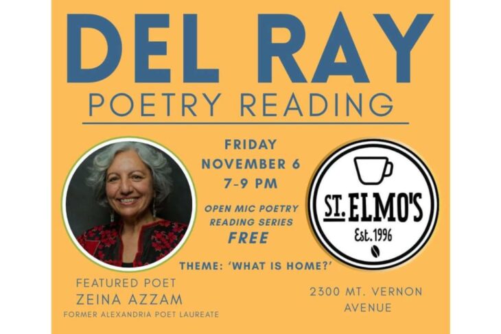 Poster for Del Ray Poetry Reading at St. Elmo's, featuring Zeina Azzam; free event Friday, Nov 6, 7–9 PM; theme 'What is Home?'