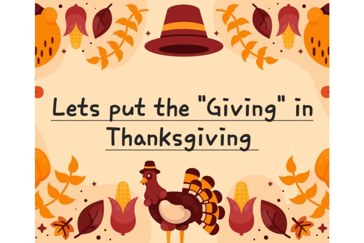 Animated fall-themed poster promoting giving during Thanksgiving, featuring a turkey, corn, leaves, and the text “Let's put the ‘Giving’ in Thanksgiving.”