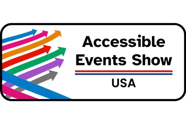 Logo for Accessible Events Show USA with multicolored arrows on the left and bold event title on the right.