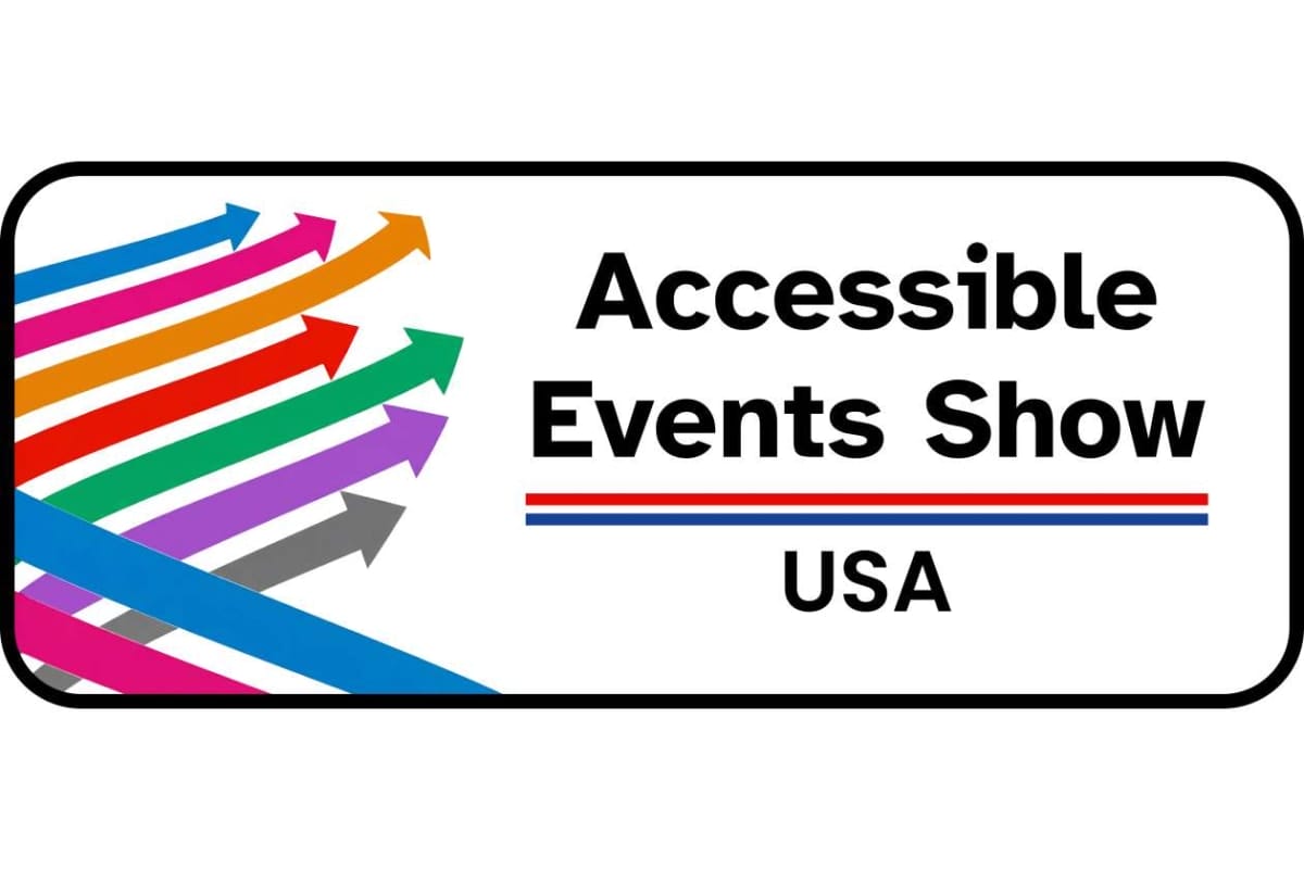 Logo for Accessible Events Show USA with multicolored arrows on the left and bold event title on the right.