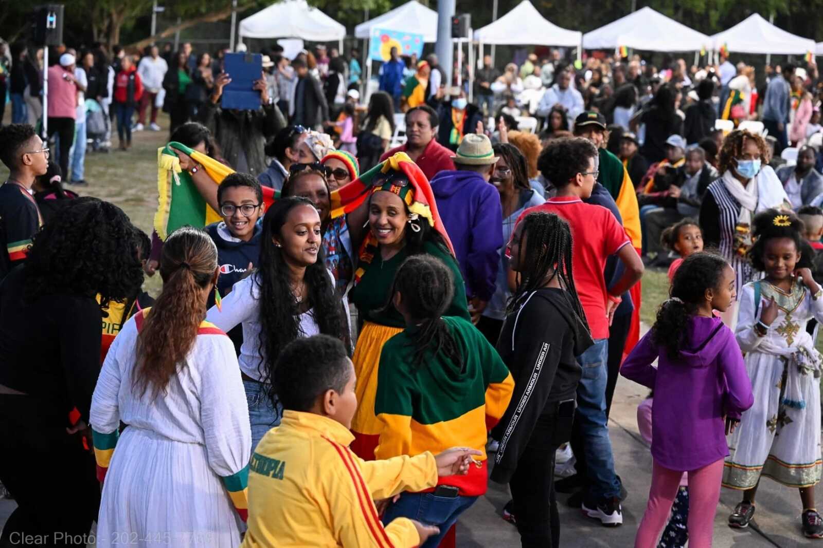 Diverse crowd dancing in a park at a daytime cultural festival, wearing colorful outfits with tents in the background.