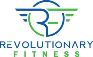 Logo for Revolutionary Fitness featuring a blue and green winged circular emblem above the blue wordmark 'REVOLUTIONARY FITNESS'.