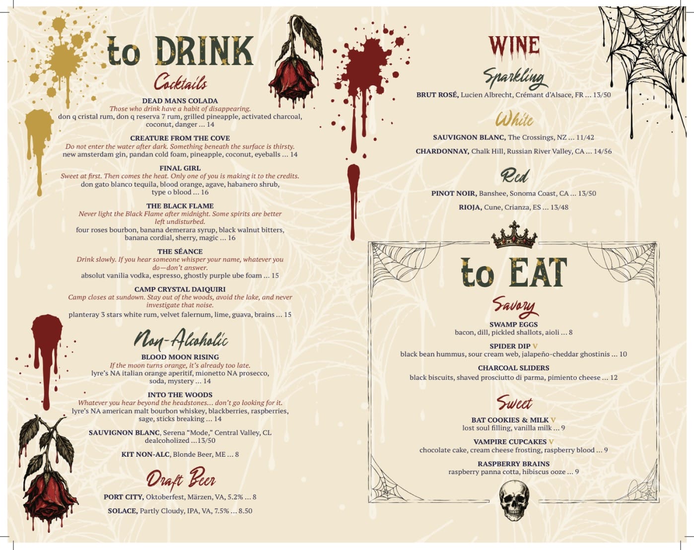 Royally Spooked | ALXnow Halloween-themed beverage and food menu with 'to DRINK' and 'to EAT' sections, featuring blood splatters, dried roses, and spider webs.